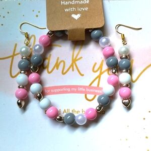 Pink white and grey with rose gold hearts spacers bracelet and earring set
